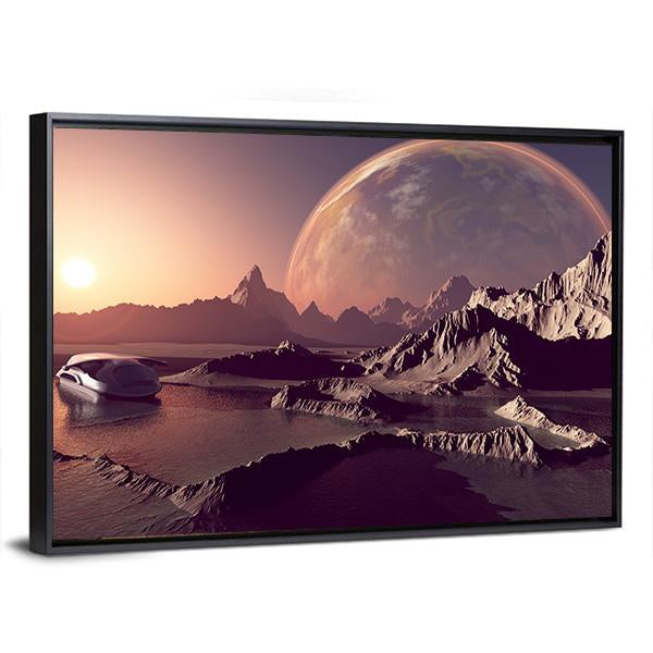 Spacecraft Over The Mountainous Terrain Of The Planet Canvas Wall Art-5 Horizontal-Gallery Wrap-22" x 12"-Tiaracle