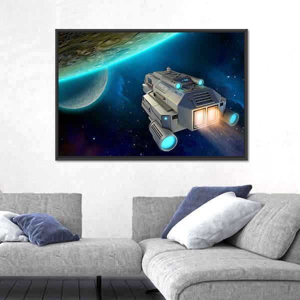 Spaceship Approaching A Planet Canvas Wall Art-5 Horizontal-Gallery Wrap-22" x 12"-Tiaracle