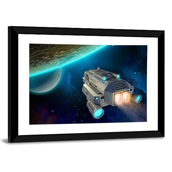 Spaceship Approaching A Planet Canvas Wall Art-5 Horizontal-Gallery Wrap-22" x 12"-Tiaracle