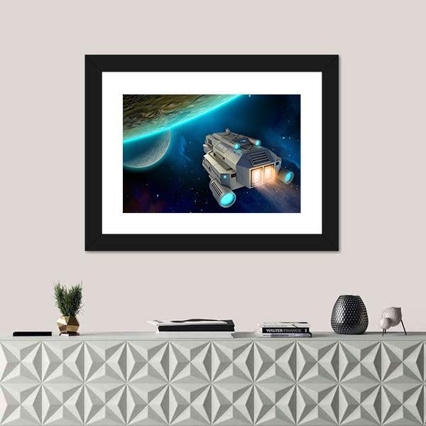 Spaceship Approaching A Planet Canvas Wall Art-5 Horizontal-Gallery Wrap-22" x 12"-Tiaracle