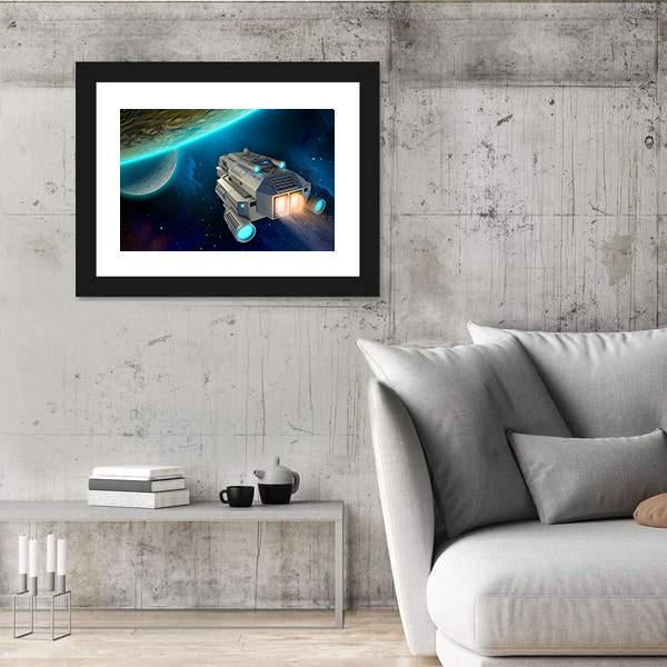 Spaceship Approaching A Planet Canvas Wall Art-5 Horizontal-Gallery Wrap-22" x 12"-Tiaracle