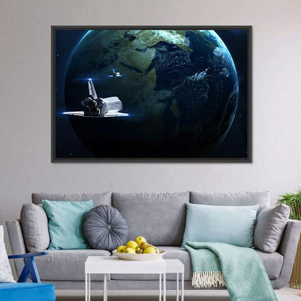 Spaceship Approaching Earth Canvas Wall Art-5 Horizontal-Gallery Wrap-22" x 12"-Tiaracle