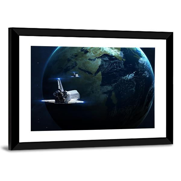 Spaceship Approaching Earth Canvas Wall Art-5 Horizontal-Gallery Wrap-22" x 12"-Tiaracle