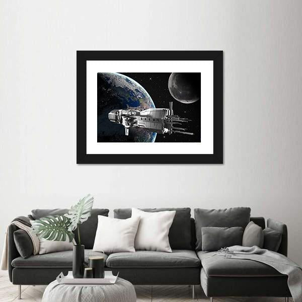 Spaceship In Front Of Moon And Earth Canvas Wall Art-1 Piece-Framed Print-20" x 16"-Tiaracle