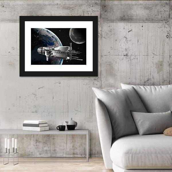 Spaceship In Front Of Moon And Earth Canvas Wall Art-5 Horizontal-Gallery Wrap-22" x 12"-Tiaracle