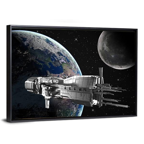 Spaceship In Front Of Moon And Earth Canvas Wall Art-5 Horizontal-Gallery Wrap-22" x 12"-Tiaracle