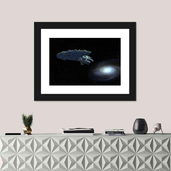 Spaceship Moving Away From Galaxy Canvas Wall Art-1 Piece-Framed Print-20" x 16"-Tiaracle