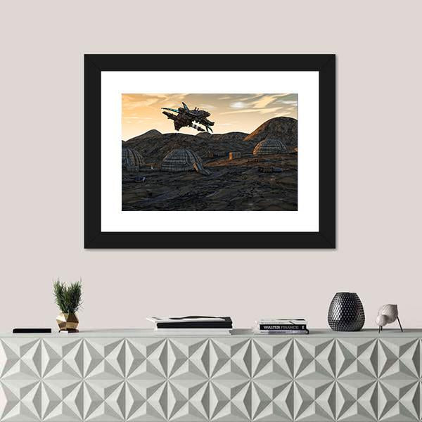 Spaceship On Planet Canvas Wall Art-1 Piece-Framed Print-20" x 16"-Tiaracle