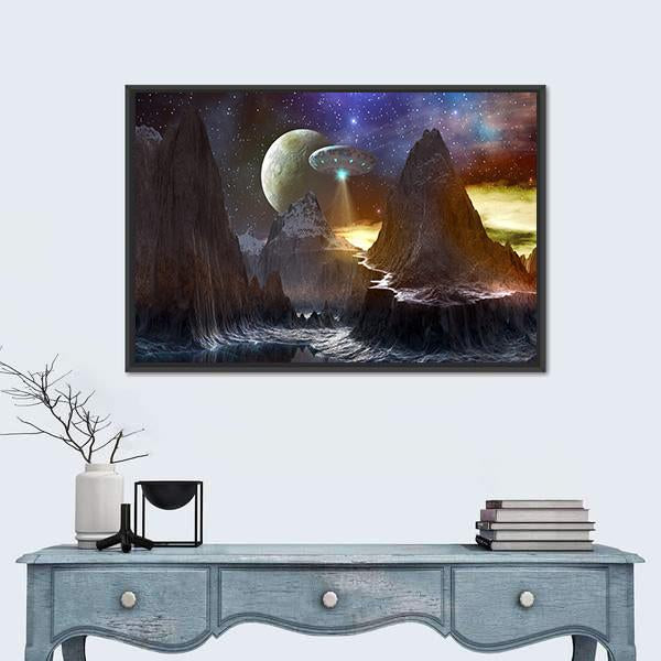 Spaceship Over Mountain Path Canvas Wall Art-1 Piece-Floating Frame-24" x 16"-Tiaracle