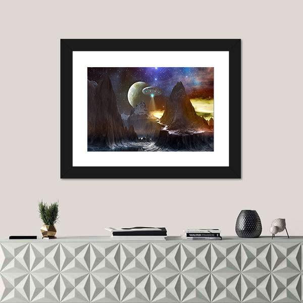 Spaceship Over Mountain Path Canvas Wall Art-1 Piece-Framed Print-20" x 16"-Tiaracle