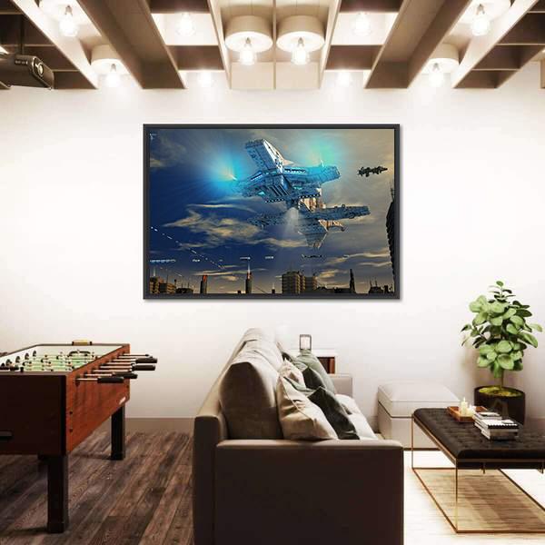 Spaceship UFO And City Canvas Wall Art-5 Horizontal-Gallery Wrap-22" x 12"-Tiaracle