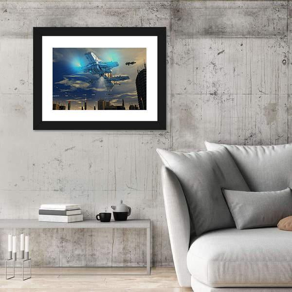 Spaceship UFO And City Canvas Wall Art-5 Horizontal-Gallery Wrap-22" x 12"-Tiaracle
