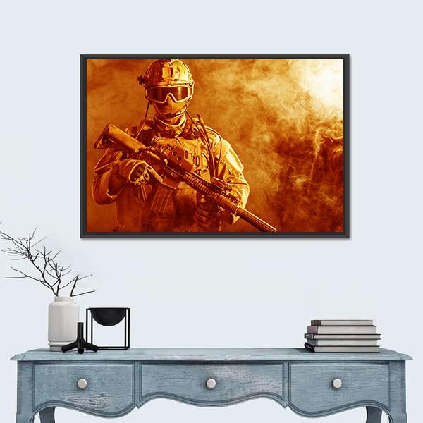 Special Forces Soldier With Rifle In Fire Canvas Wall Art-1 Piece-Floating Frame-24" x 16"-Tiaracle