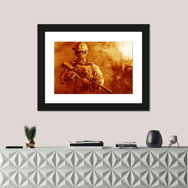 Special Forces Soldier With Rifle In Fire Canvas Wall Art-1 Piece-Framed Print-20" x 16"-Tiaracle