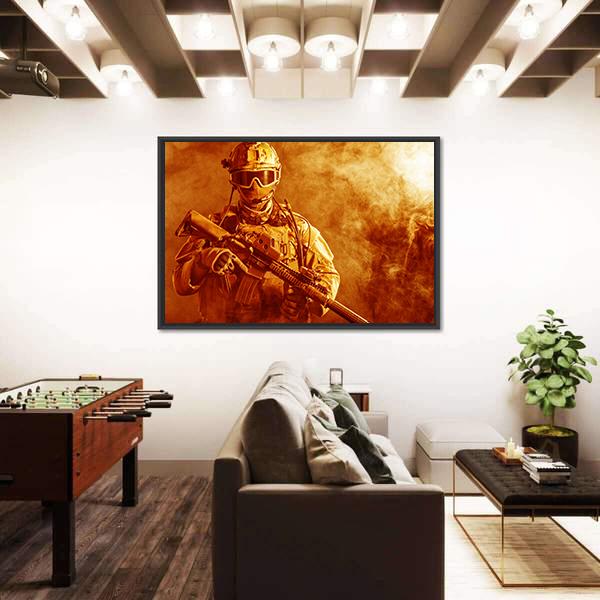 Special Forces Soldier With Rifle In Fire Canvas Wall Art-5 Horizontal-Gallery Wrap-22" x 12"-Tiaracle