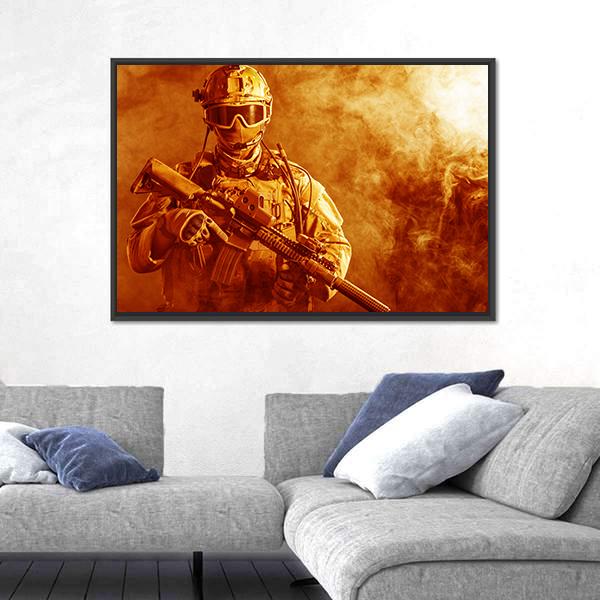 Special Forces Soldier With Rifle In Fire Canvas Wall Art-5 Horizontal-Gallery Wrap-22" x 12"-Tiaracle