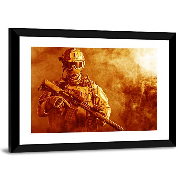 Special Forces Soldier With Rifle In Fire Canvas Wall Art-5 Horizontal-Gallery Wrap-22" x 12"-Tiaracle