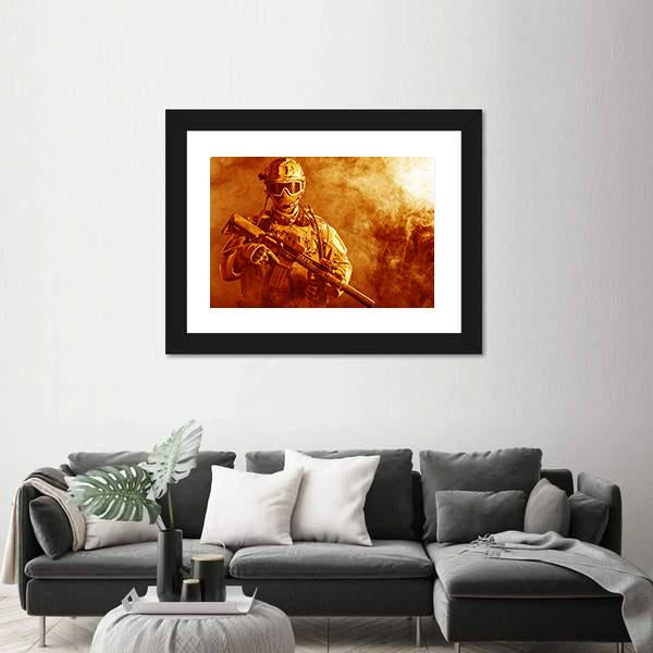 Special Forces Soldier With Rifle In Fire Canvas Wall Art-5 Horizontal-Gallery Wrap-22" x 12"-Tiaracle
