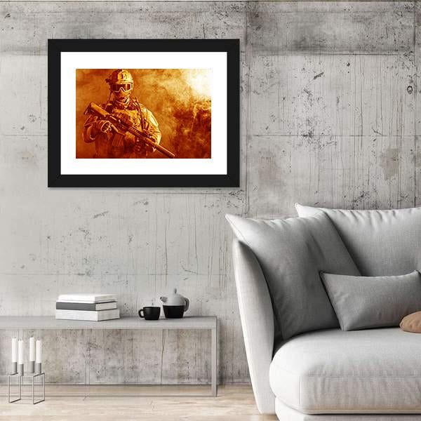 Special Forces Soldier With Rifle In Fire Canvas Wall Art-5 Horizontal-Gallery Wrap-22" x 12"-Tiaracle