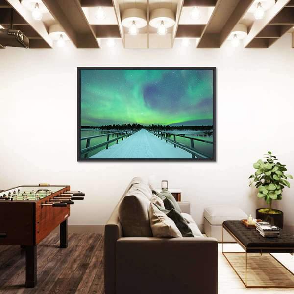 Spectacular Northern Lights Over Bridge And River Canvas Wall Art-1 Piece-Floating Frame-24" x 16"-Tiaracle