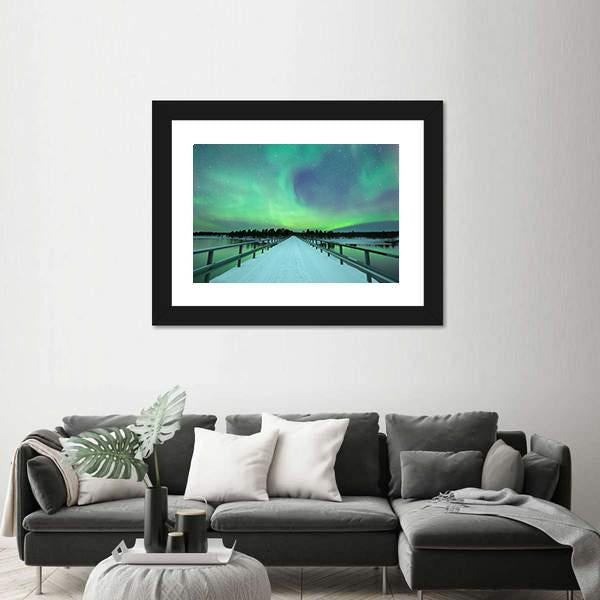Spectacular Northern Lights Over Bridge And River Canvas Wall Art-1 Piece-Framed Print-20" x 16"-Tiaracle