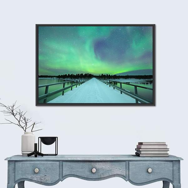 Spectacular Northern Lights Over Bridge And River Canvas Wall Art-5 Horizontal-Gallery Wrap-22" x 12"-Tiaracle