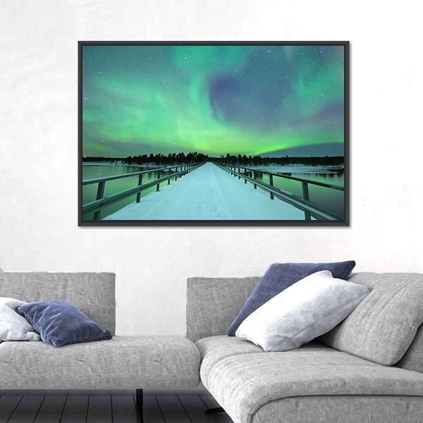 Spectacular Northern Lights Over Bridge And River Canvas Wall Art-5 Horizontal-Gallery Wrap-22" x 12"-Tiaracle