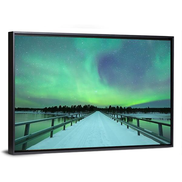 Spectacular Northern Lights Over Bridge And River Canvas Wall Art-5 Horizontal-Gallery Wrap-22" x 12"-Tiaracle
