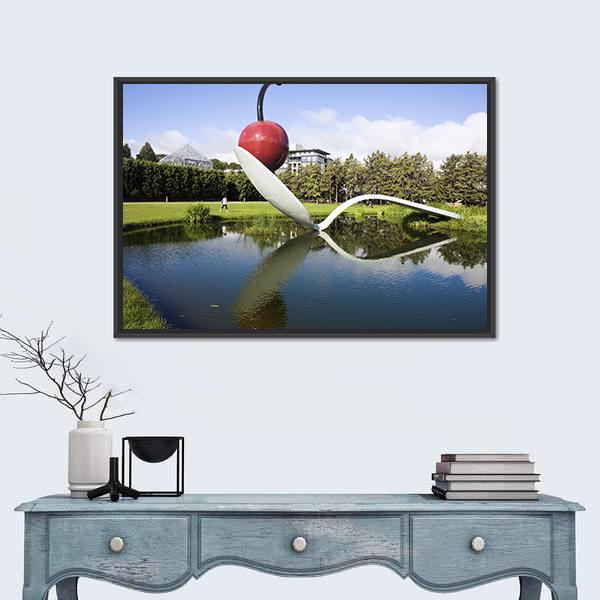 Spoonbridge and Cherry Sculpture Canvas Wall Art in silver, green and blue, framed canvas, product view on a white background
