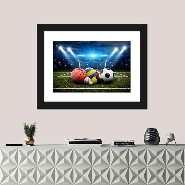 Sports Balls And Stadium Canvas Wall Art-1 Piece-Framed Print-42" x 14"-Tiaracle