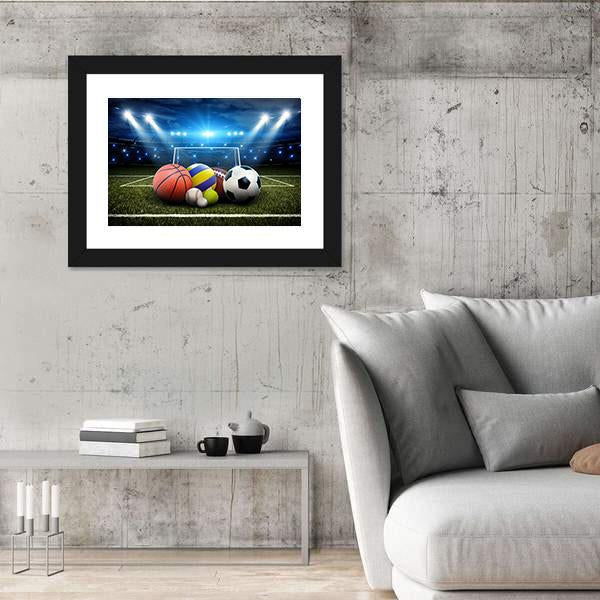 Sports Balls And Stadium Canvas Wall Art-5 Horizontal-Gallery Wrap-22&quot; x 12&quot;-Tiaracle