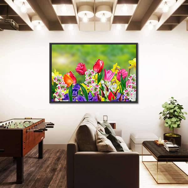 Spring Flowers Daffodils And Tulips Canvas Wall Art-5 Horizontal-Gallery Wrap-22" x 12"-Tiaracle