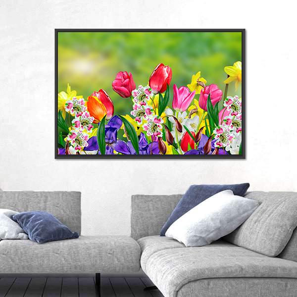 Spring Flowers Daffodils And Tulips Canvas Wall Art-5 Horizontal-Gallery Wrap-22" x 12"-Tiaracle