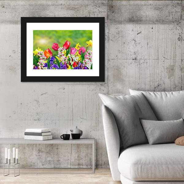 Spring Flowers Daffodils And Tulips Canvas Wall Art-5 Horizontal-Gallery Wrap-22" x 12"-Tiaracle
