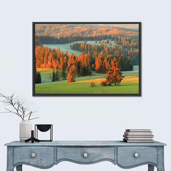 Spring Green Valley In Morning Canvas Wall Art-1 Piece-Floating Frame-24" x 16"-Tiaracle