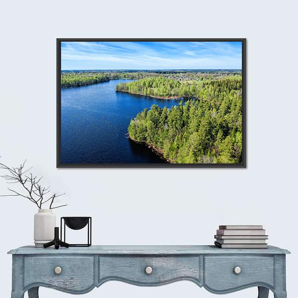 Spring Landscape Over Swedish Lake Canvas Wall Art-1 Piece-Floating Frame-24" x 16"-Tiaracle
