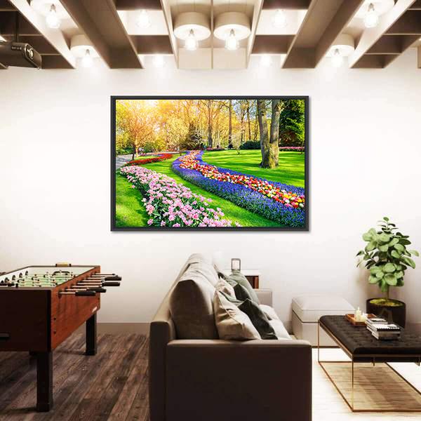 Spring Landscape With Multicolor Tulips Canvas Wall Art-1 Piece-Floating Frame-24" x 16"-Tiaracle