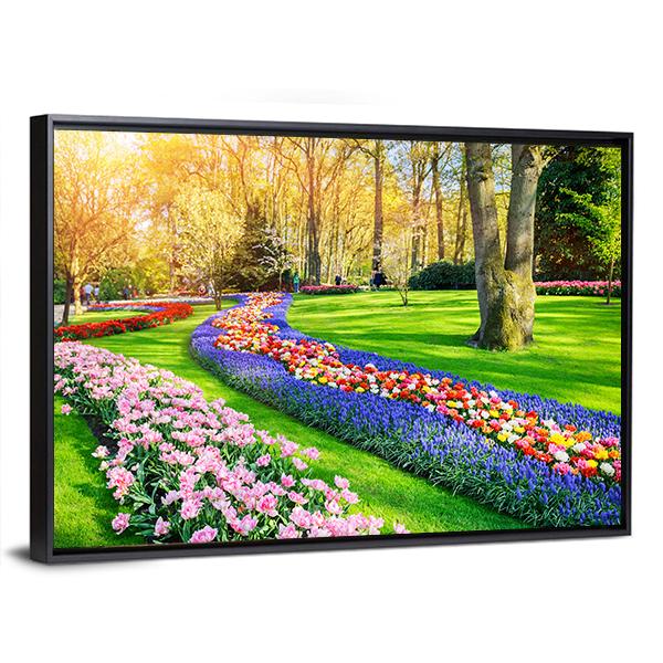 Spring Landscape With Multicolor Tulips Canvas Wall Art-5 Horizontal-Gallery Wrap-22" x 12"-Tiaracle