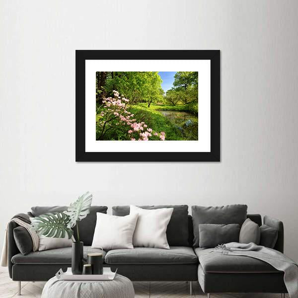 Spring Landscape With Pond And Rhododendron Canvas Wall Art-1 Piece-Framed Print-30" x 20"-Tiaracle