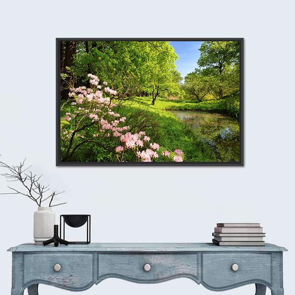 Spring Landscape With Pond And Rhododendron Canvas Wall Art-5 Horizontal-Gallery Wrap-22" x 12"-Tiaracle