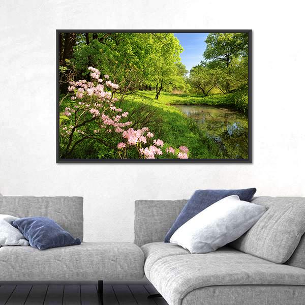 Spring Landscape With Pond And Rhododendron Canvas Wall Art-5 Horizontal-Gallery Wrap-22" x 12"-Tiaracle