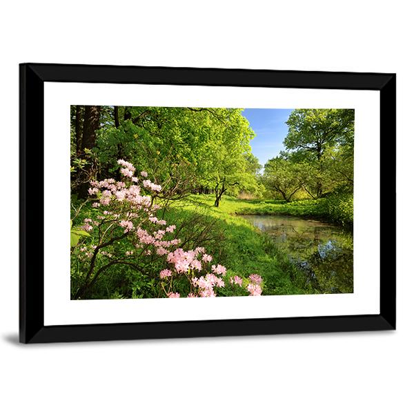 Spring Landscape With Pond And Rhododendron Canvas Wall Art-5 Horizontal-Gallery Wrap-22" x 12"-Tiaracle