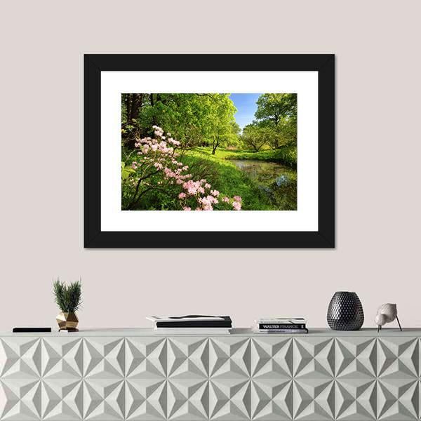 Spring Landscape With Pond And Rhododendron Canvas Wall Art-5 Horizontal-Gallery Wrap-22" x 12"-Tiaracle