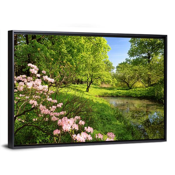 Spring Landscape With Pond And Rhododendron Canvas Wall Art-5 Horizontal-Gallery Wrap-22" x 12"-Tiaracle