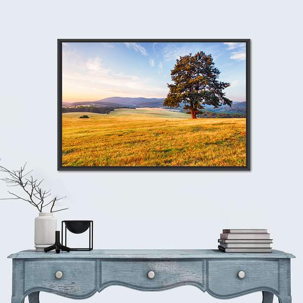 Spring Landscape With Tree And Sun Canvas Wall Art-1 Piece-Floating Frame-24" x 16"-Tiaracle