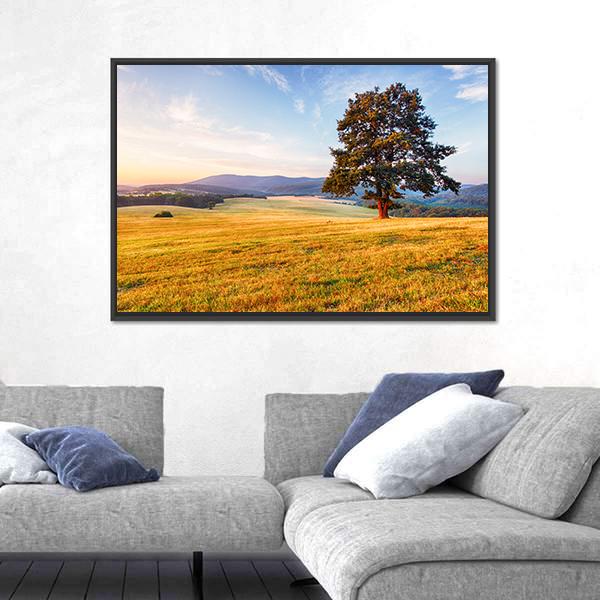 Spring Landscape With Tree And Sun Canvas Wall Art-3 Horizontal-Gallery Wrap-25" x 16"-Tiaracle