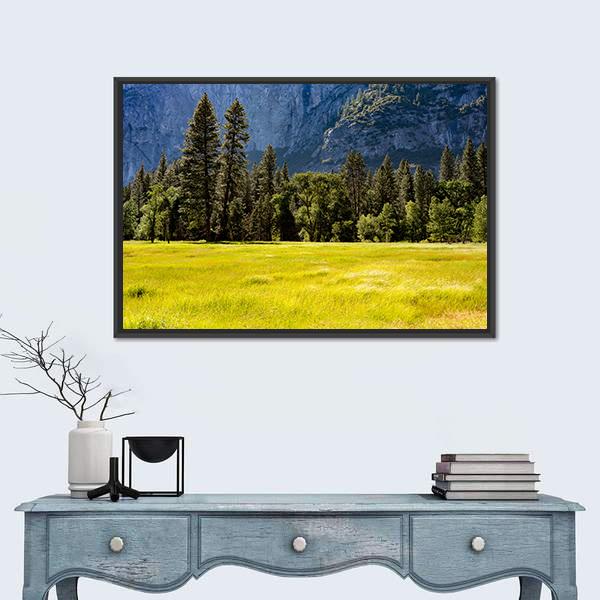 Spring Meadow at Yosemite National Park Canvas Wall Art in yellow, green and blue, framed canvas, product view on a white background