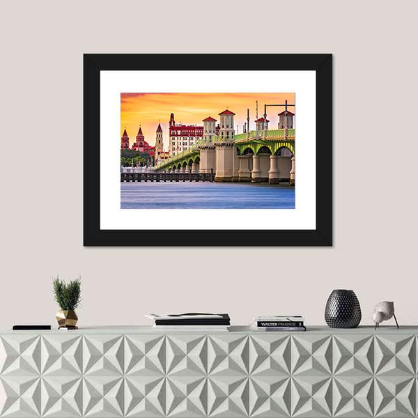St. Augustine And Bridge Of Lions In Florida Canvas Wall Art-1 Piece-Framed Print-42" x 14"-Tiaracle
