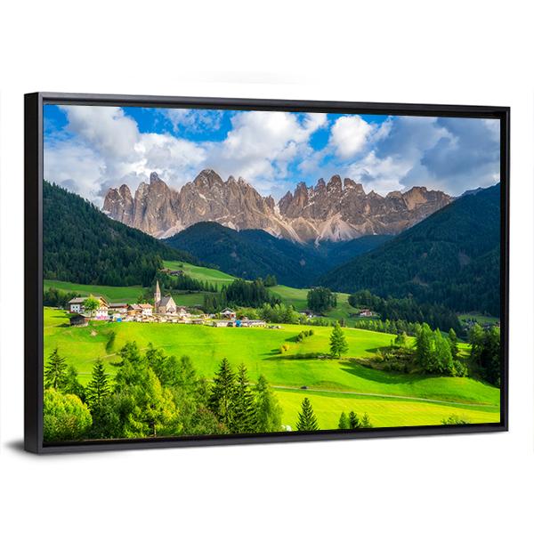 St Magdalena Village With Odle Dolomites Canvas Wall Art-3 Horizontal-Gallery Wrap-25" x 16"-Tiaracle