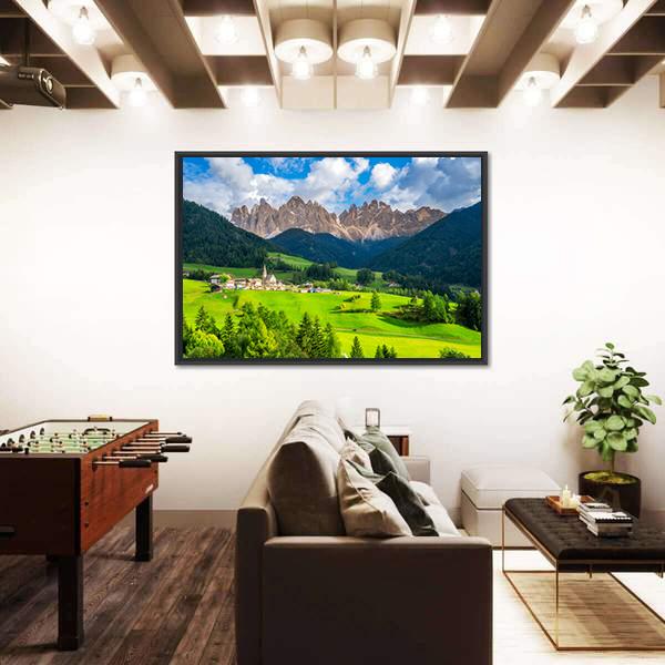 St Magdalena Village With Odle Dolomites Canvas Wall Art-3 Horizontal-Gallery Wrap-25" x 16"-Tiaracle